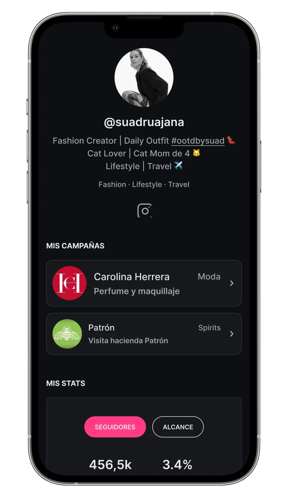 Ejemplo de perfil profesional en CreatorStats